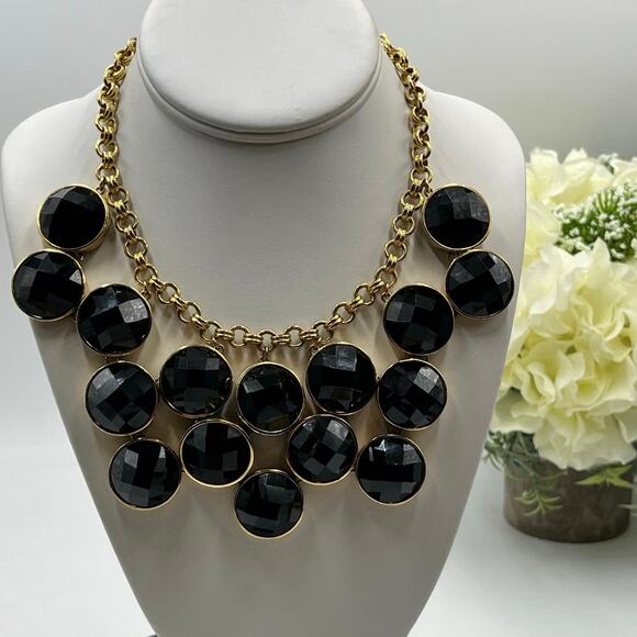 Kate Spade New York Connect Four Black Rhinestone Gold Statement Bib Necklace - Picture 1 of 14